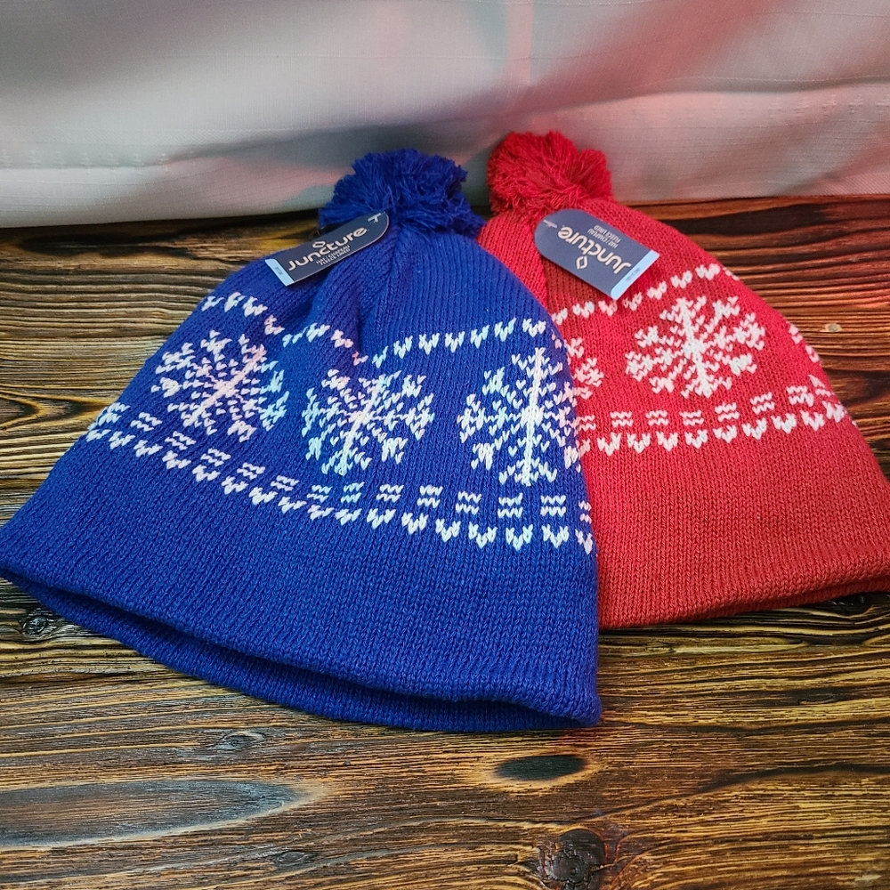 Juncture Blue and Red Fleece Lined Pom Pom Beanie Hats